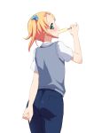  1boy androgynous arm_behind_back ass blush copyright_request eating ereraero green_eyes hair_ornament hairclip looking_back male orange_hair pants popsicle simple_background solo standing trap uniform vest white_background 