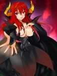  1girl breasts bridal_gauntlets cleavage horns jewelry maou_(maoyuu) maoyuu_maou_yuusha orion_(orionproject) outstretched_hand red_eyes red_hair redhead ring solo 