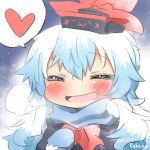  1girl alternate_costume blue_hair blush closed_eyes eyes_closed fog hat heart kamishirasawa_keine long_hair lowres mittens open_mouth rebecca_(keinelove) scarf smile snow solo touhou 