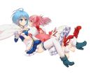  2girls blue_eyes blue_hair bow cape dress eye_contact gloves hair_bow hand_holding holding_hands kaname_madoka looking_at_another magical_girl mahou_shoujo_madoka_magica miki_sayaka multiple_girls pink_eyes pink_hair short_twintails simple_background thigh-highs thighhighs twintails white_background yumyy_iura zettai_ryouiki 