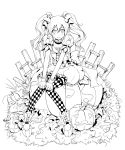  1girl halloween jack-o&#039;-lantern lineart long_hair looking_at_viewer ml.e monochrome nami_(mangabullet) original sitting smile thighhighs twintails 