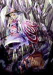  1girl adapted_costume alternate_costume blonde_hair damaged forest geta green_eyes hair_ornament hair_ribbon hat highres japanese_clothes jewelry moriya_suwako nature ribbon ring short_hair skirt solo touhou tree yuuichi_(reductionblack) 