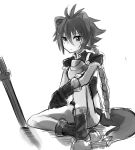  animal_ears armor boots braid character_request haik highres long_hair matsuhime_mujina monochrome raccoon_tail shadow shinrabanshou simple_background single_braid sitting sketch solo sword tail very_long_hair weapon white_background 