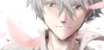  1boy close-up face grey_hair nagisa_kaworu neon_genesis_evangelion petals red_eyes smile solo tale_(crystalicia) 