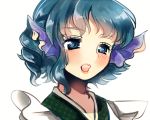 aliprojectlove blue_eyes blue_hair blush bust head_fins japanese_clothes mermaid monster_girl open_mouth short_hair touhou wakasagihime white_background 