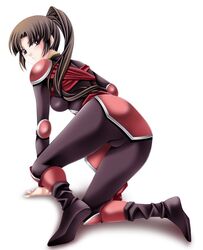  1girl all_fours bangs blunt_bangs bodysuit brown_eyes brown_hair from_behind highres inuyasha long_hair looking_back ponytail sango shoulder_pads solo tamamon white_background 