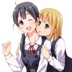  2girls :p ;d black_hair blonde_hair blue_eyes blush green_eyes hair_ornament highres kitashirakawa_tamako long_hair low_twintails mole multiple_girls open_mouth sayousuke school_uniform short_hair smile tamako_market tokiwa_midori tongue wink 