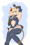  animal_ears armpits blonde_hair blue_eyes bucaneve cat_ears cat_tail final_fantasy final_fantasy_xi fingerless_gloves flower gloves hairband lips mithra navel on_back skirt solo tail thigh-highs thighhighs 