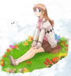  1girl blue_eyes brown_hair flower grass hands_on_knees ikeda_jun no_socks open_clothes open_jacket original shoes sitting skirt smile snow snowman solo 