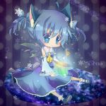  1girl :3 alternate_costume animal_ears ascot aya-0w0 blue_hair blush bottle cat_ears cirno detached_sleeves dress hair_ornament hair_ribbon ice ice_wings japanese_clothes ribbon short_hair sitting solo star touhou wings 