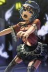  1girl adapted_costume black_hair black_legwear blue_eyes breasts cleavage garter_straps ghost graveyard hat highres kurione_(zassou) miyako_yoshika navel ofuda open_mouth outstretched_arms short_hair skirt solo star thighhighs touhou zombie_pose 