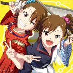  2girls :d brown_hair cosplay futami_ami futami_mami gintama grin idolmaster inuyasha inuyasha_(character) japanese_clothes jewelry kouchou long_hair multiple_girls necklace open_mouth sakata_gintoki sakata_gintoki_(cosplay) short_hair side_ponytail smile v weapon 