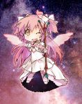 1girl ;d aiming angel_wings arrow bow bow_(weapon) chibi dress gloves goddess_madoka hair_bow long_hair magical_girl mahou_shoujo_madoka_magica open_mouth pink_hair smile solo spoilers thigh-highs thighhighs twintails two_side_up ultimate_madoka weapon white_dress wings wink yellow_eyes yoplait 