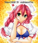  1girl artist_name blush braid breasts cleavage front-tie_top green_eyes hat large_breasts long_hair nightmare77zx nurse nurse_cap open_clothes original red_hair redhead smile solo traditional_media twin_braids 