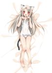  1girl :3 :d animal_ears barefoot blush cat_ears cat_tail fate/stay_night fate_(series) highres illyasviel_von_einzbern kemonomimi_mode long_hair looking_at_viewer lying open_mouth paw_pose peko red_eyes school_swimsuit sketch smile solo swimsuit tail white_hair white_school_swimsuit 