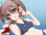  1girl ahoge bad_id bare_shoulders bikini blush breasts brown_eyes brown_hair food impossible_clothes impossible_swimsuit isono_tara large_breasts o-ring_bottom o-ring_top original short_hair swimsuit tongue twintails 
