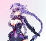  1girl amami blue_eyes blush braid breasts choujigen_game_neptune cleavage cleavage_cutout hair_ornament hand_on_hip kami_jigen_game_neptune_v large_breasts navel neptune_(choujigen_game_neptune) purple_hair purple_heart see-through simple_background solo symbol-shaped_pupils twin_braids 