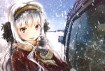  1girl earmuffs gloves idolmaster motor_vehicle purple_eyes scarf shijou_takane snow snowing solo van vehicle violet_eyes white_hair yae_(artist) 