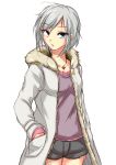  1girl anastasia_(idolmaster) blue_eyes coat hands_in_pockets hechimaru idolmaster idolmaster_cinderella_girls jewelry necklace open_clothes open_coat parka short_hair shorts silver_hair solo 