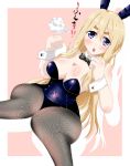  1girl angry animal_ears bare_shoulders blonde_hair blue_eyes bowtie breasts bunny_ears bunny_girl bunny_tail bunnysuit cleavage detached_collar fishnets highres k-on! kotobuki_tsumugi leotard long_hair open_mouth pantyhose rabbit_ears solo tail text tomato_(lycopene) wrist_cuffs 