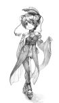  1girl ar_tonelico ar_tonelico_i bare_shoulders braid choker crossed_legs_(standing) detached_sleeves drawfag geta hair_ornament highres long_hair misha_arsellec_lune monochrome platform_footwear sandals single_thighhigh smile solo thigh-highs thighhighs twin_braids wide_sleeves yin_yang 