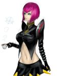  1girl alternate_costume alternate_hair_color blue_eyes bob_cut breasts coffee crop_top cup elbow_gloves gloves highres kumiko_(aleron) large_breasts league_of_legends navel orianna_reveck pauldrons pink_hair short_hair skirt solo spikes 