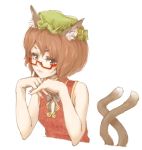  1girl animal_ears bespectacled bow brown_eyes brown_hair cat_ears cat_tail chen china_dress chinese_clothes dress fingernails fingers_together glasses hat head_rest jewelry lips looking_at_viewer multiple_tails nail_polish omikoshi2 red-framed_glasses red_dress semi-rimless_glasses short_hair single_earring sleeveless slit_pupils solo tail touhou under-rim_glasses 