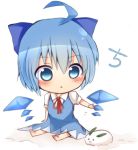  1girl ahoge barefoot bat_wings blue_eyes blue_hair blush bow cirno hair_bow open_mouth ribbon short_hair simple_background sitting skirt snow_bunny solo tosura-ayato touhou wariza white_background wings 