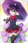  1girl :d black_hair chuunibyou_demo_koi_ga_shitai! eyepatch flower green_eyes myoya open_mouth school_uniform short_hair side_ponytail smile solo takanashi_rikka thigh-highs thighhighs umbrella v v_over_eye 