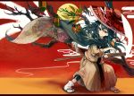  black_hair branch cape egasumi hat japanese_clothes katana letterboxed long_hair moon original ready_to_draw red_eyes ronin ryuuri_susuki sandals solo straw_hat sun sword tabi weapon 