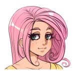  1girl bust eyelashes fluttershy freckles green_eyes lips long_hair maniacpaint my_little_pony my_little_pony_friendship_is_magic personification pink_hair smile solo 
