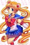  1girl bishoujo_senshi_sailor_moon blonde_hair blue_eyes boots bow brooch choker double_bun gloves hair_ornament hairpin jewelry long_hair magical_girl ribbon sailor_collar sailor_moon shizuki_mio solo standing_on_one_leg tiara tsukino_usagi twintails white_background 