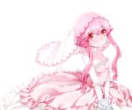  1girl blush bouquet dress flower gasai_yuno gloves lon_hair mirai_nikki pink_dress pink_eyes pink_hair rose runamatu simple_background smile solo twintails veil wedding_dress white_background 