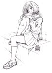  1girl bbb_(friskuser) cable earphones eba_kurako highres hyouka ipod_touch lineart long_hair monochrome school_uniform serafuku short_hair sitting 