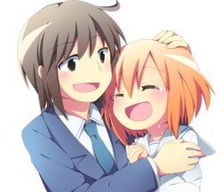  1boy 1girl :d ^_^ black_hair blush closed_eyes couple crying kotoura-san kotoura_haruka manabe_yoshihisa necktie open_mouth orange_eyes orange_hair school_uniform serafuku short_hair smile soranagi tears 