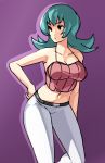  1girl adult alternate_costume aqua_hair bare_shoulders belt breasts cleavage contrapposto eu03 flipped_hair gym_leader hand_on_hip large_breasts long_hair midriff natsume_(pokemon) navel pants pokemon pokemon_(game) pokemon_hgss purple_background simple_background solo tank_top 