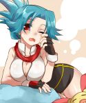 1girl bent_over blue_hair breasts cleavage fingerless_gloves gloves hinata_(pokemon) irouha looking_at_viewer open_clothes open_mouth open_shirt plusle pokemon pokemon_(creature) pokemon_ranger red_eyes