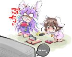  2girls anger_vein animal_ears brown_eyes brown_hair bunny_tail evil_grin evil_smile game_console grin inaba_tewi long_hair multiple_girls purple_hair rabbit_ears reisen_udongein_inaba shinapuu smile tail tears television touhou 