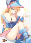  1girl :p ;) ass bare_shoulders between_breasts blonde_hair blue_footwear blue_hat blush_stickers boots breasts card cleavage collarbone commentary_request dark_magician_girl gradient gradient_background green_eyes grey_background hair_between_eyes hand_up hat head_tilt highres igakusei knees_up large_breasts long_hair looking_at_viewer miniskirt off-shoulder_shirt off_shoulder one_eye_closed pentagram pink_skirt shadow shirt sitting skirt smile solo star thighs tongue tongue_out w white_background yu-gi-oh! 