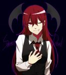  1girl black_background blood english formal hair_between_eyes hand_on_own_chest head_wings hyou_haku koakuma long_hair long_sleeves necktie outline red_eyes red_hair redhead smile solo touhou vest wink 
