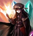  1girl book crescent crystal gradient gradient_background hat hat_ribbon hexagram light long_hair long_sleeves looking_at_viewer mob_cap open_hand open_mouth patchouli_knowledge payot purple_hair raised_hand ribbon solo spark621 touhou violet_eyes 