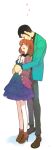  1boy 1girl arsene_lupin_iii black_hair blush brown_hair castle_of_cagliostro clarisse_de_cagliostro closed_eyes couple eyes_closed hand_holding happy holding_hands hug hug_from_behind lupin_iii short_hair sideburns smile toujou_sakana 