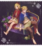 1boy 1girl anklet barefoot beads blonde_hair blue_eyes blush bracelet capri_pants chizu_(fiute) cravat feet flower highres instrument jewelry kagamine_len kagamine_rin piano plant ribbon siblings sitting soles traditional_clothes vocaloid 
