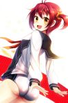  1girl :d ass buruma halftone highres isshiki_akane looking_back open_mouth red_eyes red_hair redhead sailor_collar sakura_ani school_uniform short_hair short_twintails sitting smile solo twintails vividred_operation 