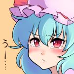  1girl eyelashes frown hat hat_ribbon looking_at_viewer mana_(gooney) mob_cap orange_background portrait red_eyes remilia_scarlet ribbon simple_background solo tears touhou translated uu~ 