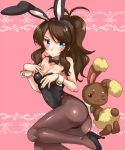  1girl alternate_costume animal_costume animal_ears blue_eyes blush bowtie breasts brown_hair buneary bunny_costume bunny_ears bunnysuit cleavage detached_collar irouha long_hair looking_at_viewer pink_background pokemon pokemon_(creature) pokemon_(game) pokemon_bw ponytail rabbit_ears touko_(pokemon) wrist_cuffs 