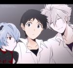  1girl 2boys adult ayanami_rei black_hair blue_eyes blue_hair bodysuit chikage_(kinokodou) closed_eyes evangelion:_3.0_you_can_(not)_redo eyes_closed hair_ornament happy ikari_shinji multiple_boys nagisa_kaworu neon_genesis_evangelion plugsuit rebuild_of_evangelion red_eyes shirt short_hair silver_hair smile spoilers test_plugsuit 