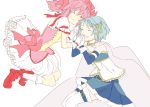  2girls belt blue_hair bow cape closed_eyes colored_eyelashes dress eitona eyes_closed gloves hair_bow hair_ornament hairclip hand_holding highres holding_hands interlocked_fingers kaname_madoka magical_girl mahou_shoujo_madoka_magica mahou_shoujo_madoka_magica_movie miki_sayaka multiple_girls pink_hair short_hair short_twintails simple_background smile thigh-highs thighhighs twintails white_background zettai_ryouiki 