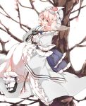  1girl arm_ribbon blue_dress cherry_blossoms dress hat in_tree iroyopon long_sleeves pink_hair red_eyes saigyouji_yuyuko sash sitting sitting_in_tree smile solo touhou tree triangular_headpiece veil wide_sleeves 