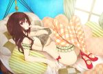  bikini_top bow bow_panties breasts brown_hair cleavage final_fantasy final_fantasy_vii finger_to_mouth frilled_legwear large_breasts long_hair lying modern_afro panties pillow plaid shoes solo striped thigh-highs thighhighs tifa_lockhart underwear 